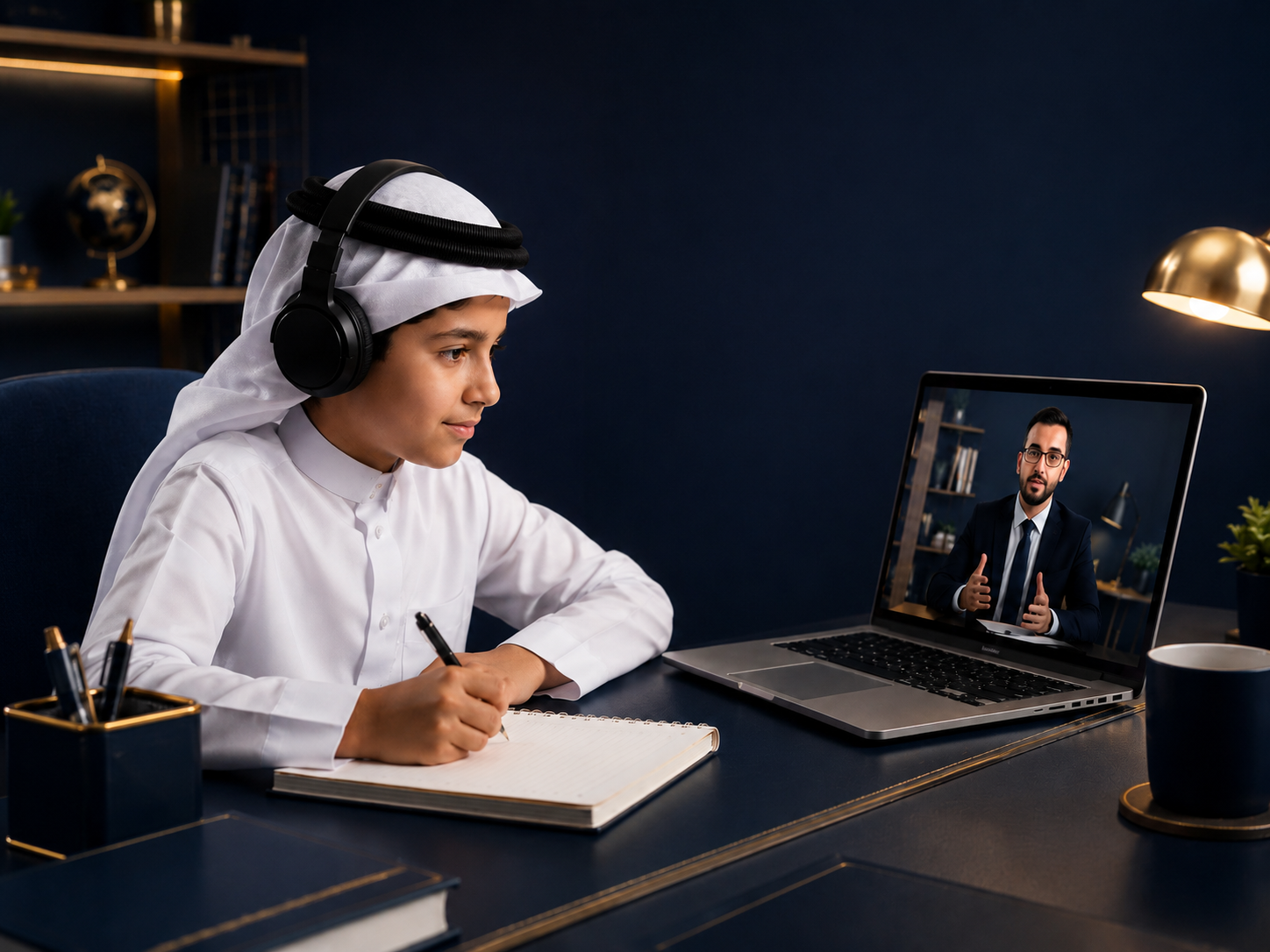 طالب قطري يتابع درسًا أونلاين مع معلم عبر منصة آفاق